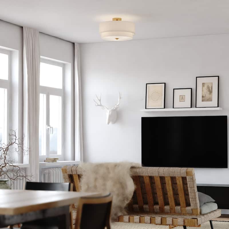 Burnaby White Linen Semi-flush Drum Ceiling Light