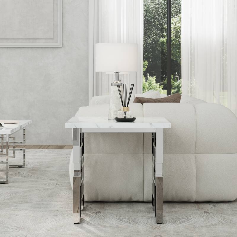 Modern End Table 23 inch Square Living Room Side Table with High Gloss Top and Mirrored Metal Geometric Base