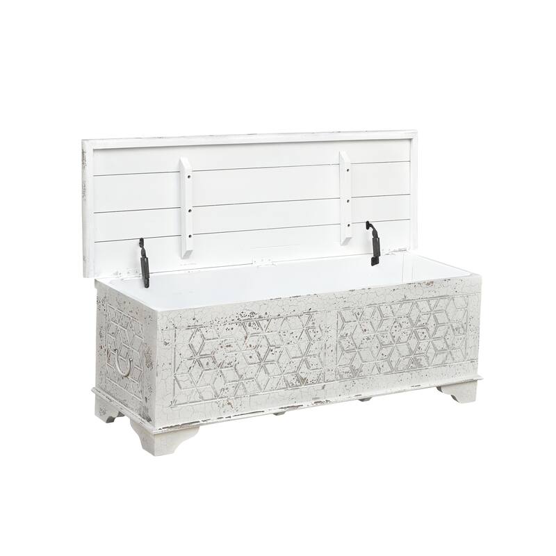 Clara Solid Wood Storage Ottoman with Geometric Carved Design