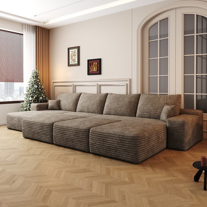 Corduroy Floor Standing Sectional Couch Modular Sleeper Sofa Bed Upholstered Sectional Sofa with Chaise and Ottomans