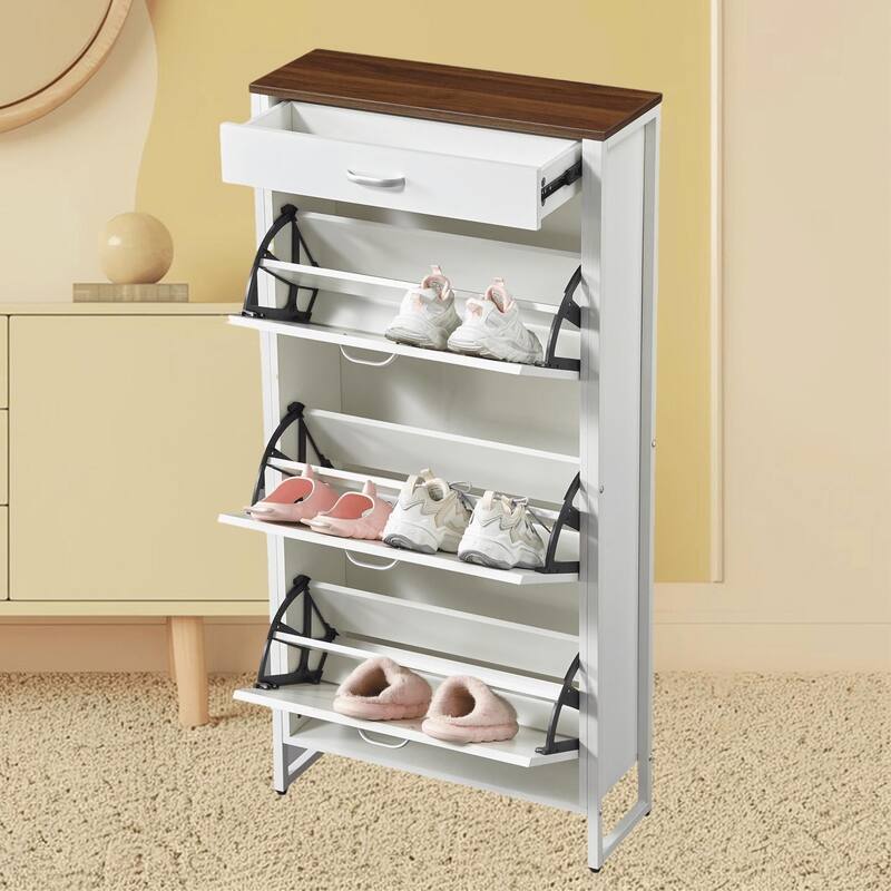 Narrow Shoe Organizer with Flip Drawers and 1 Drawer, Perfect for Heels, Boots, Slippers in Entryways and Hallways Storage - Ancient White,Walnut