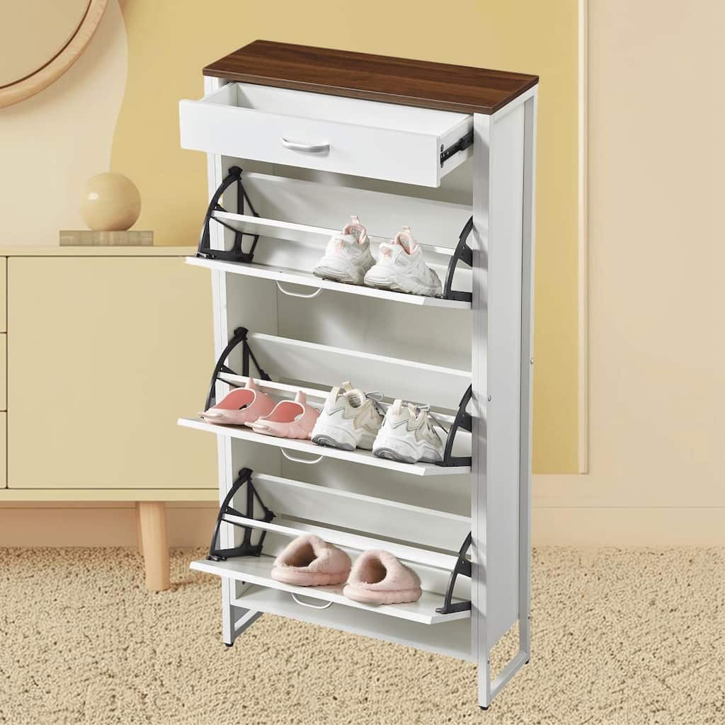 Narrow Shoe Organizer with Flip Drawers and 1 Drawer, Perfect for Heels, Boots, Slippers in Entryways and Hallways Storage