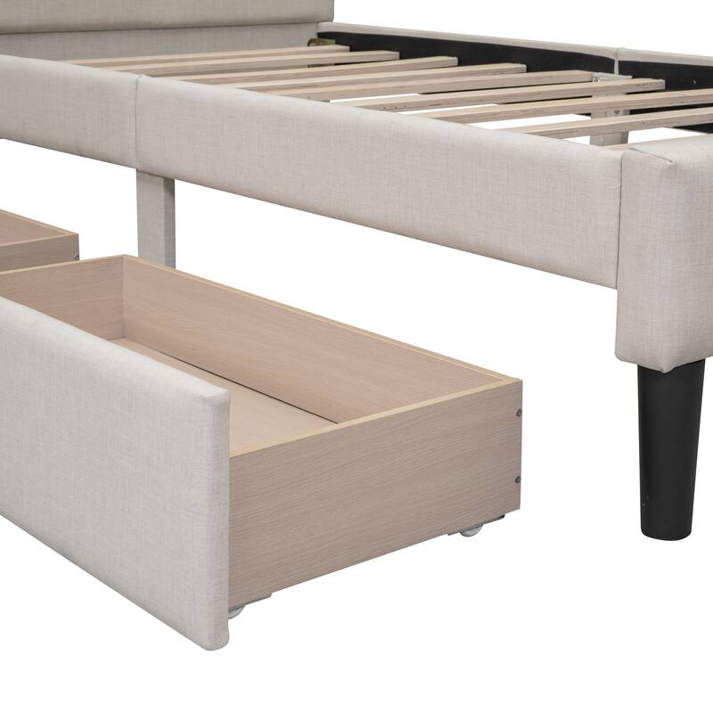 Twin Linen Platform Bed with Drawers & Tufted Headboard