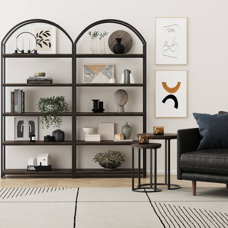 Nathan James Haven 5-Shelf Etagere Bookshelf with Arch Top - Nutmeg/Black Set of 2