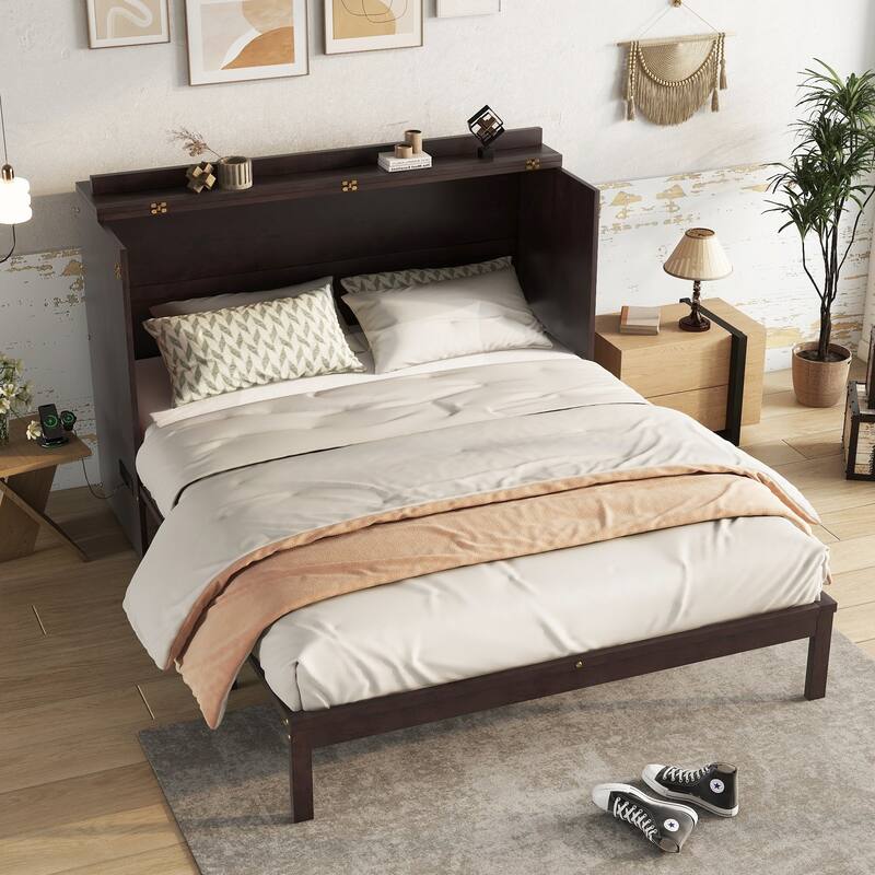 Queen Size Pine Wood Cabinet Bed with Power Station and Rattan Decoration, Espresso