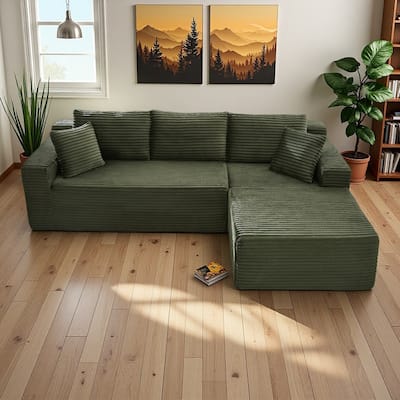 103.2" Corduroy L-Shaped Cloud Sectional Sofa with No Assembly Required, Deep-Seat Modular Sleeper