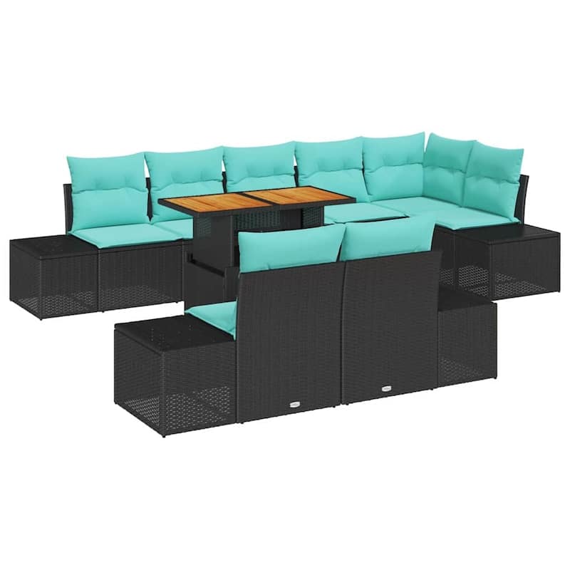 vidaXL 9 Garden Sofa Set with Cushions Black/Grey Poly Rattan - 125.6 x 60.6 x 27.2