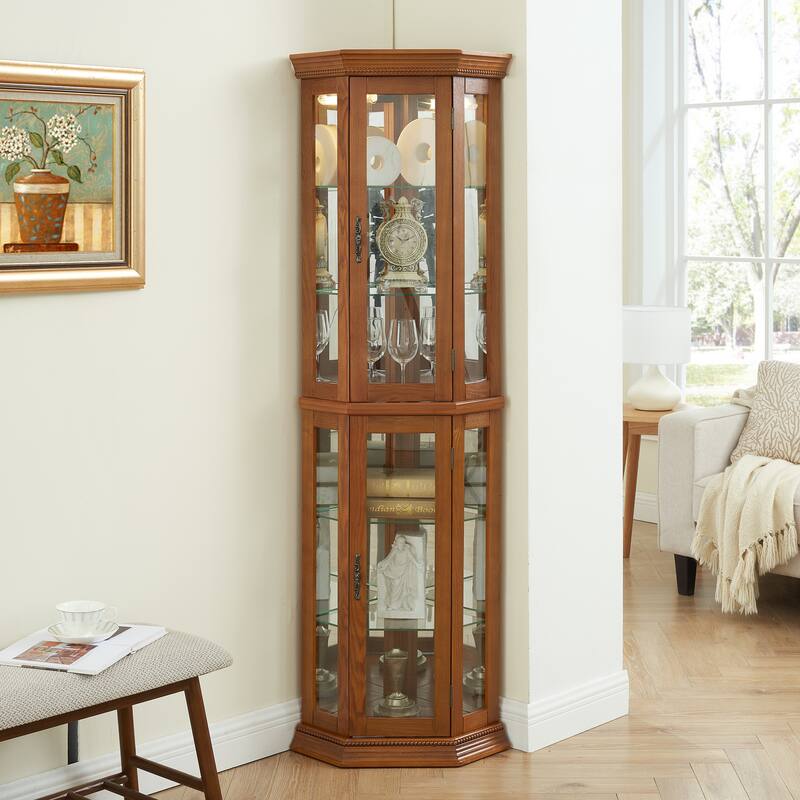 Elegant Lighted Corner Curio Cabinet with Adjustable Glass Shelves & Tempered Glass Doors for Display