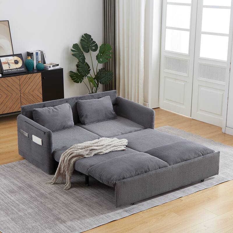 Corduroy Convertible Sleeper Sofa Bed, 3-in-1 Adjustable Sleeper Sofa Couch, Lounge Loveseat Sofa with 2 Pillows & Side Pockets - Grey