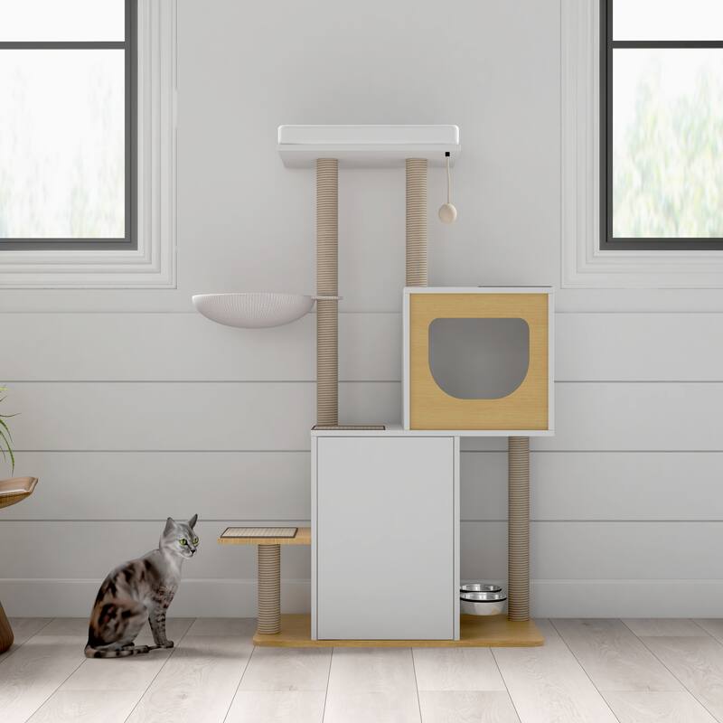 Wood Cat Tree Tower with Scratching Pads and Large Storage Space, Industrial Cat Cabinet with Shelves and Doors