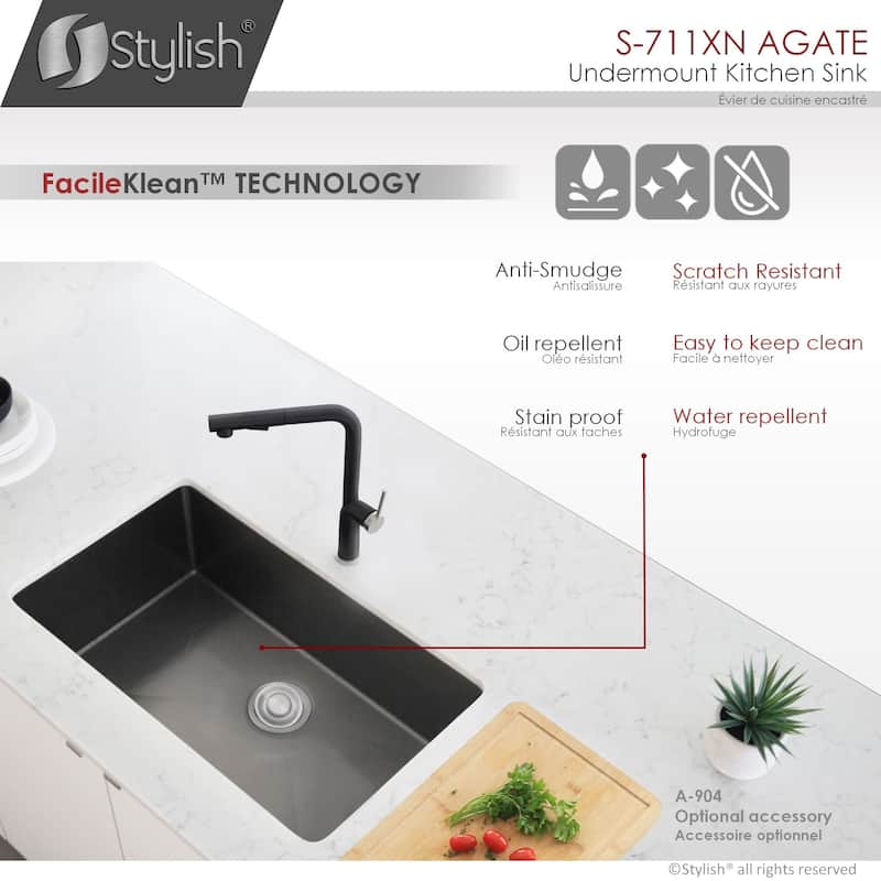 STYLISH 30 inch Graphite Black Single Bowl Undermount Stainless Steel Kitchen Sink with Grid and Basket Strainer Handmade