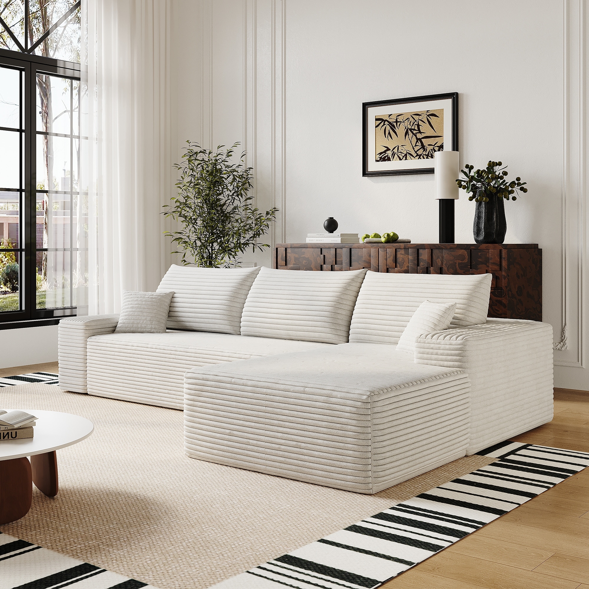 Cloud Sectional Couch with L-Shaped Chaise, Modular 3 Seat Corner Sectional Sofa, Corduroy Upholstered Sleeper Sofa