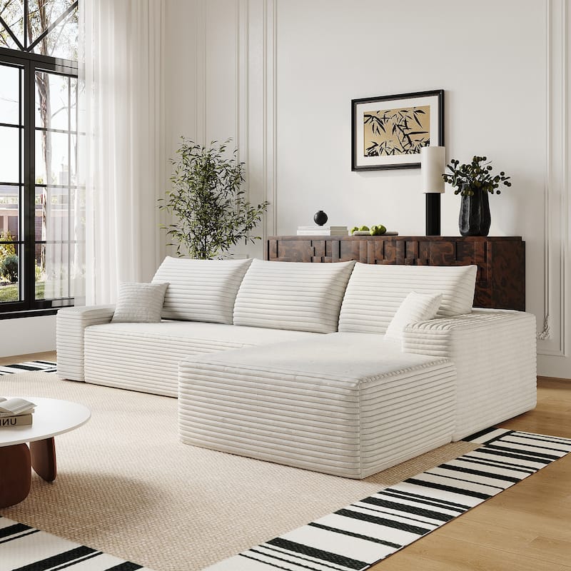 Plush Corduroy Upholstered Couch L-shaped Sectional Sofa with Chaise