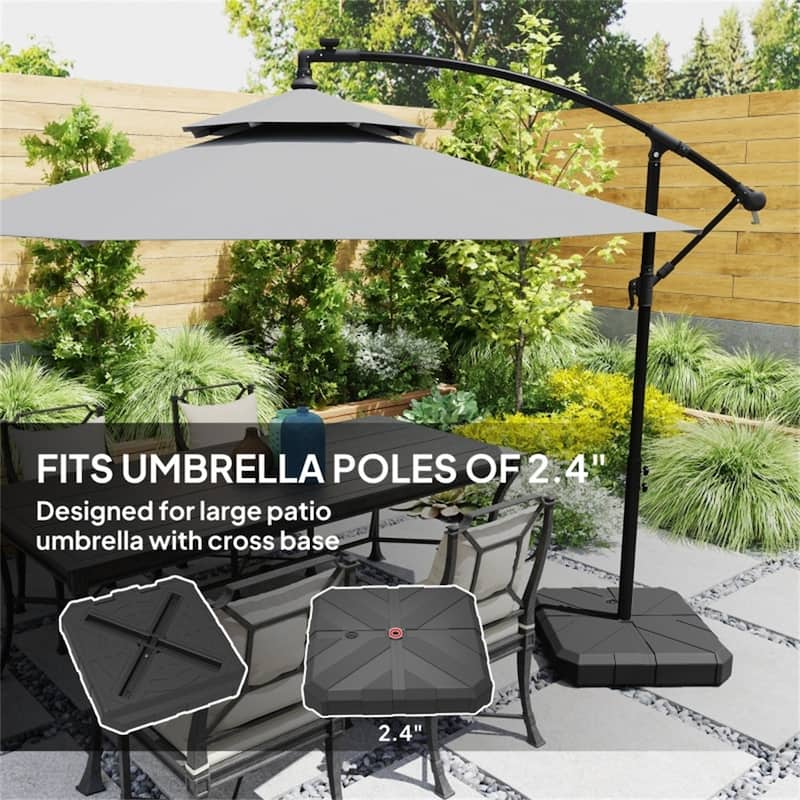Black Heavy-Duty Outdoor Umbrella Base for 2.4 Inch Poles 143 lbs Sand or 130 lbs Water Fill HDPE Plastic Metal Cross Base