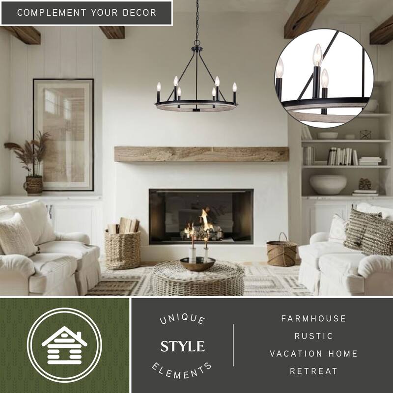 Russel 6 Light Matte Black and Weathered Gray Farmhouse Candle Wheel Chandelier - 24.75-in W x 21.5-in H x 24.75-in D