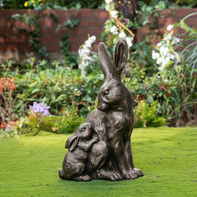Glitzhome MGO Bronze Mom and Baby Rabbit Statue Standing Bunny Figurine