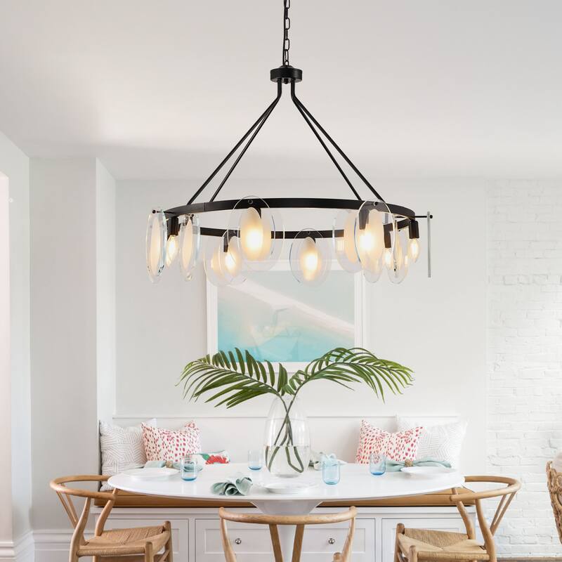 Modern 8-Light Wagon Wheel Chandelier with Tempered Glass Shape