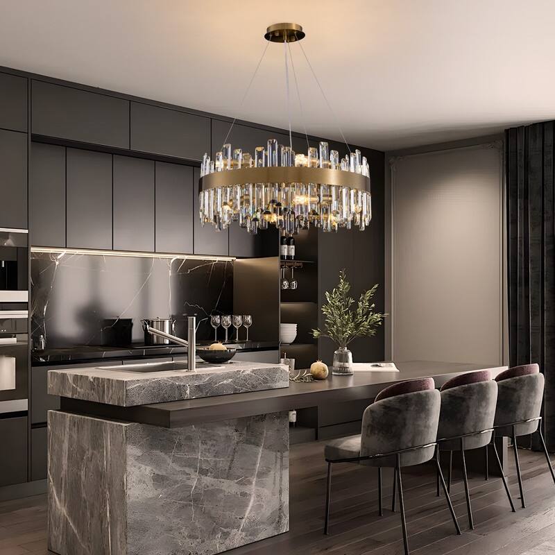 24 in. 2-Tier Modern Crystal Chandelier Brass Gold Round Crystal Raindrop Chandelier Contemporary Pendant Light for Dining Room