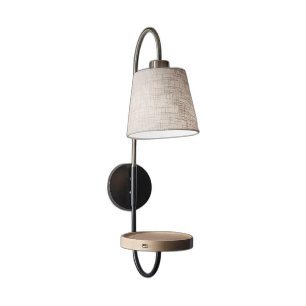 Antique Brass Metal Wall Lamp with Shelf USB Port and Off-White Shade - 13” x 7” x 25” (D x W x H)