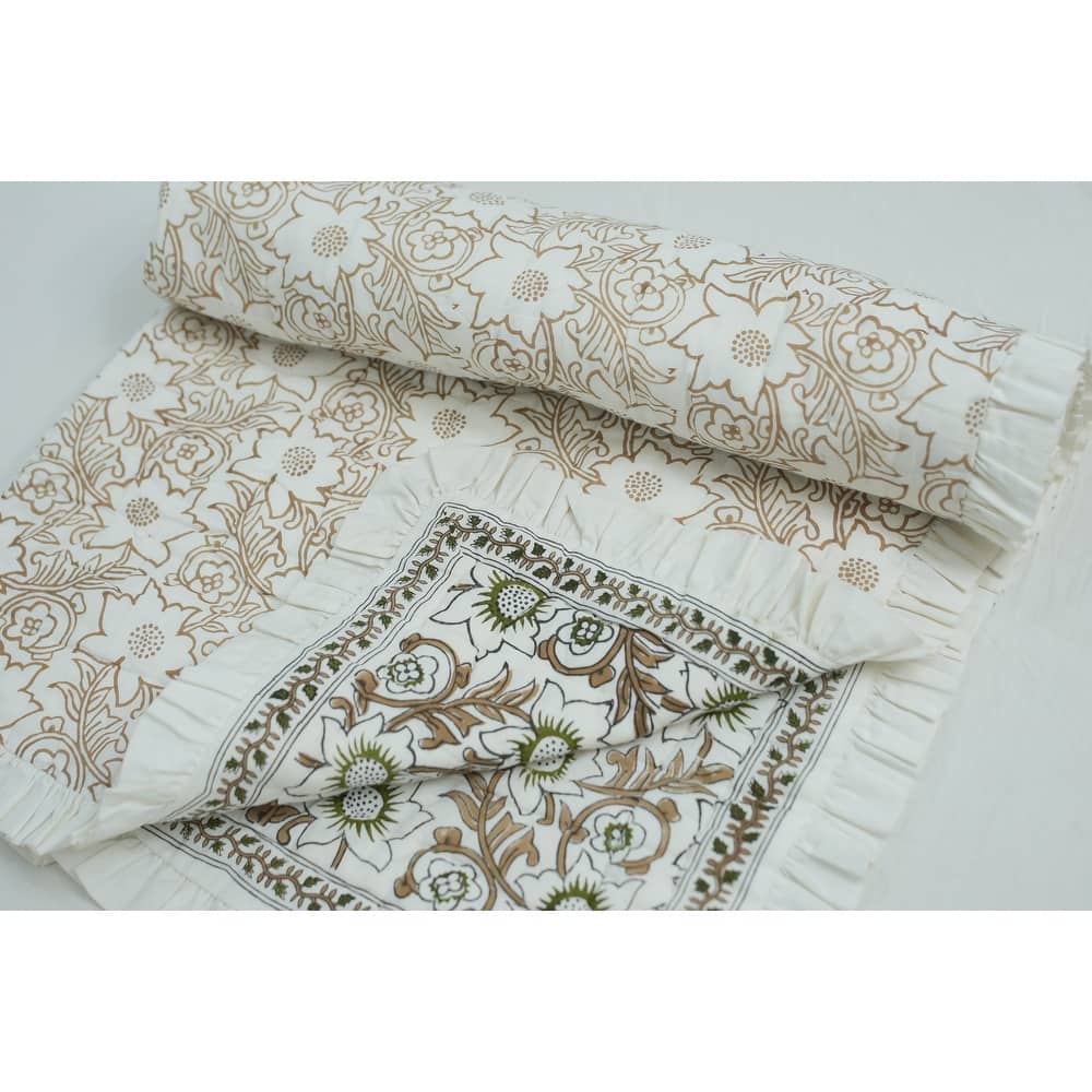 Fabdivine Handcrafted Cotton Quilt Brown Green Floral, Heritage-Inspired Textile, Reversible Statement Bed Layer for Home Décor