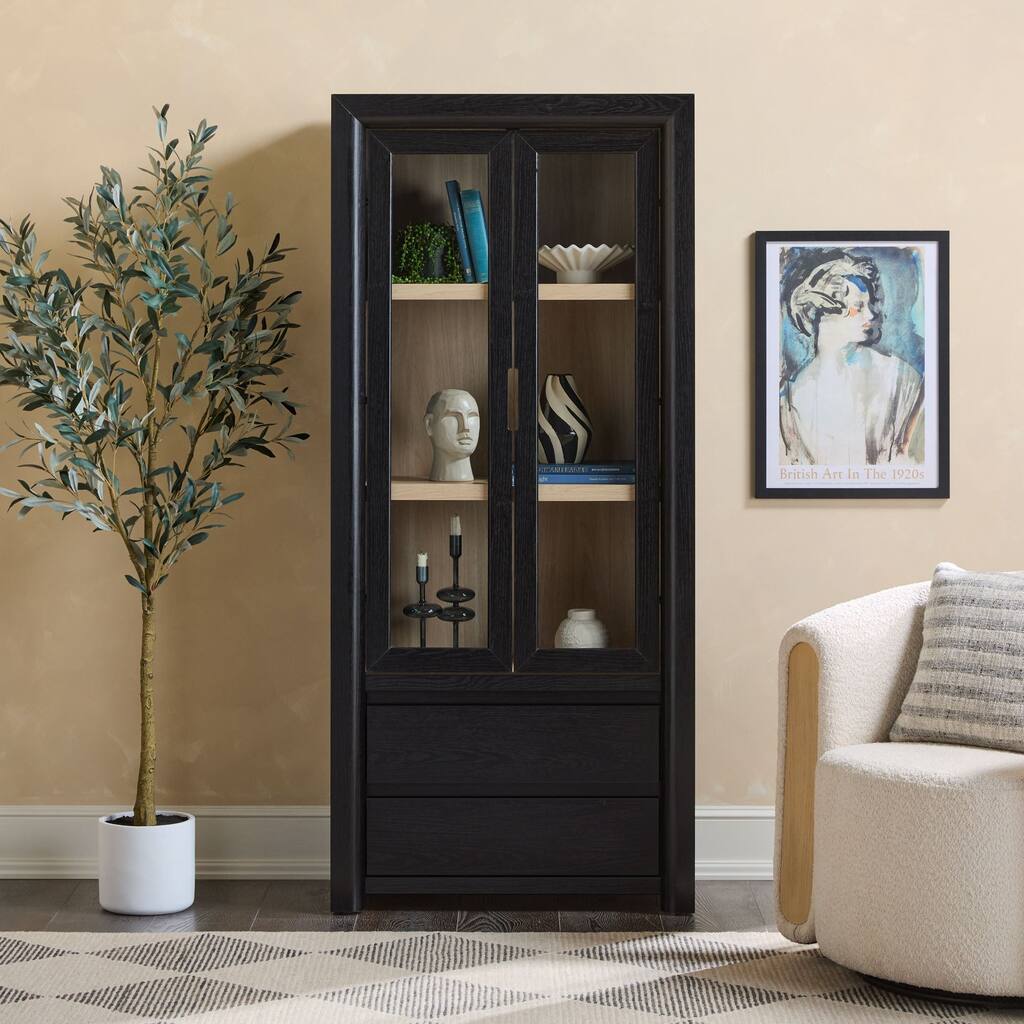 Walker Edison Modern Wood Bookshelf with Glass Doors and Drawer Storage