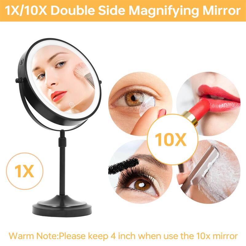 9" Lighted Makeup Double Sided 1X/10 Magnification Mirror, 3 Lighting