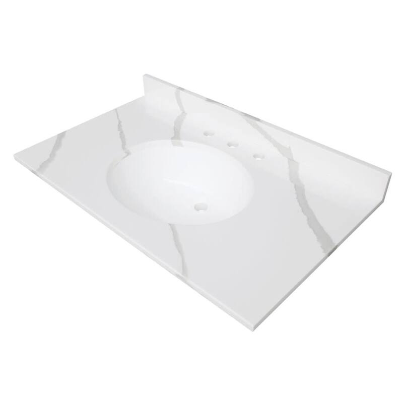 Kingston Brass KVPB3722L38 Norbiton 37" Solid Surface Vanity Top with - Calacatta Marble Glossy White - Colored