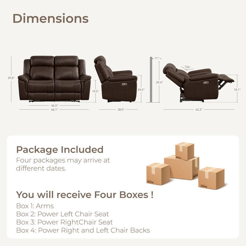 Spruce & Spring Genuine Leather Power Reclining Sofa with Optional Console & Flip-Down Table