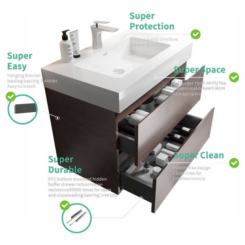 Modern 30" Alice Floating Bathroom Vanity with Rosewood Finish, Handle-Free Design, Silent Soft-Closing Drawers