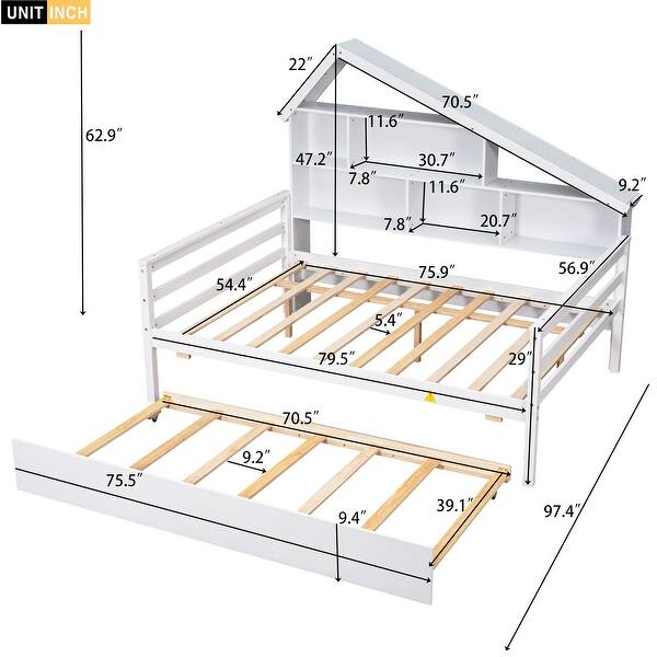dimension image slide 1 of 2, Full Size Platform Bed with Trundle and Shelves