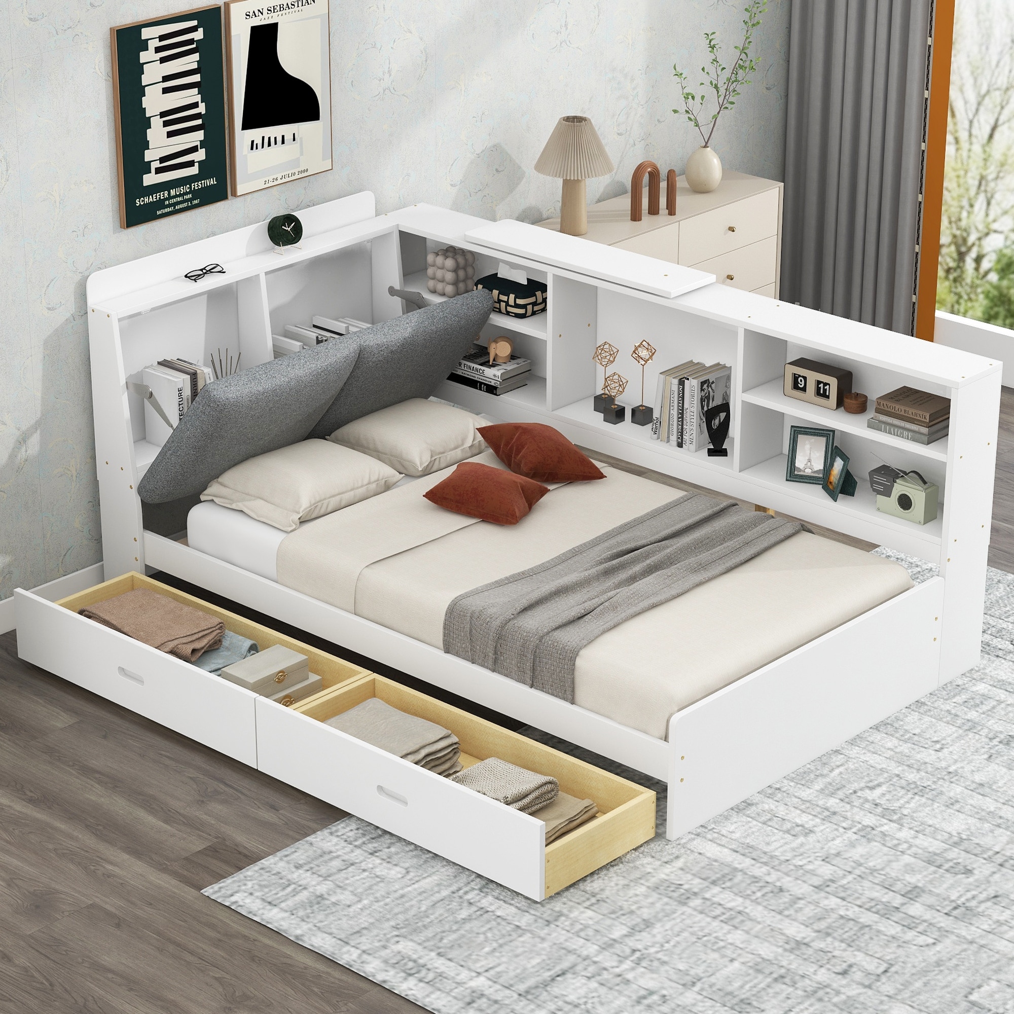 Wood Platform Bed with Storage Headboard, Shelves and 2 Drawers