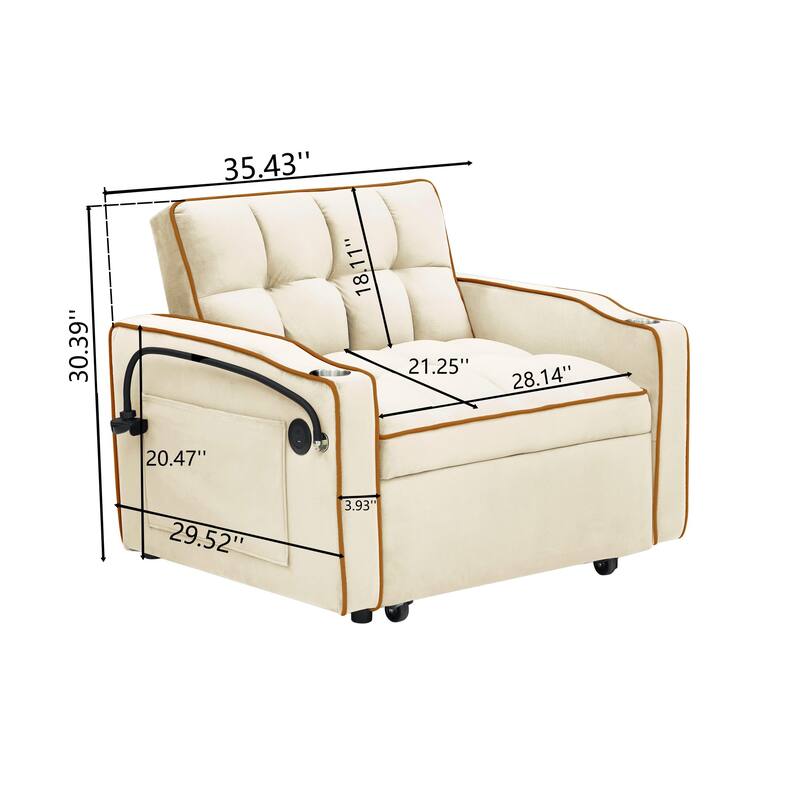 Single Velvet Pull-out Sofa Bed with Adjustable Back and Swivel Phone Stand