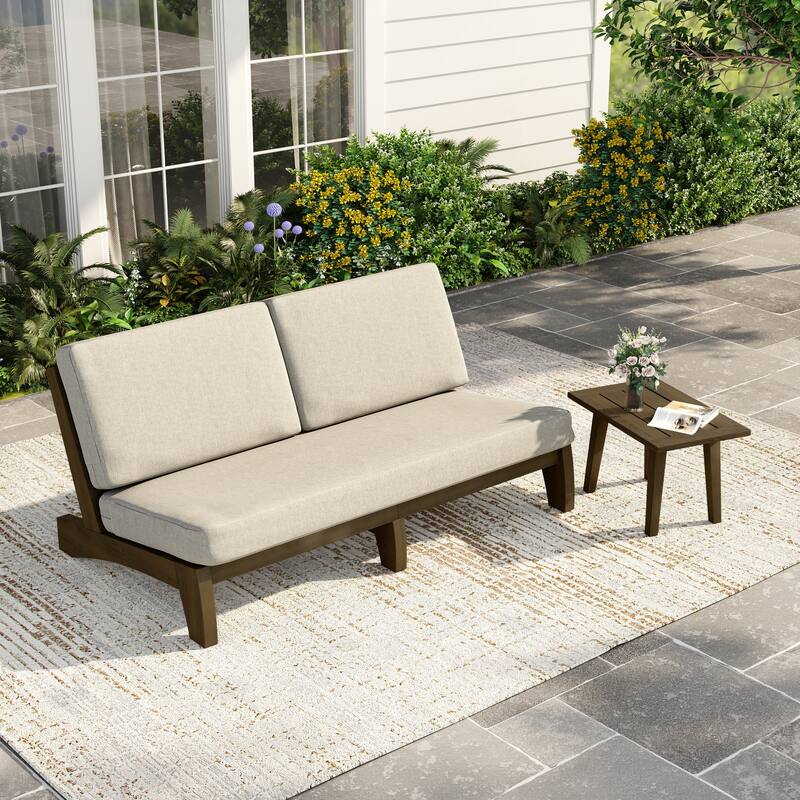 2-Piece Casual Teak Outdoor Patio Sofa Set with Side Table
