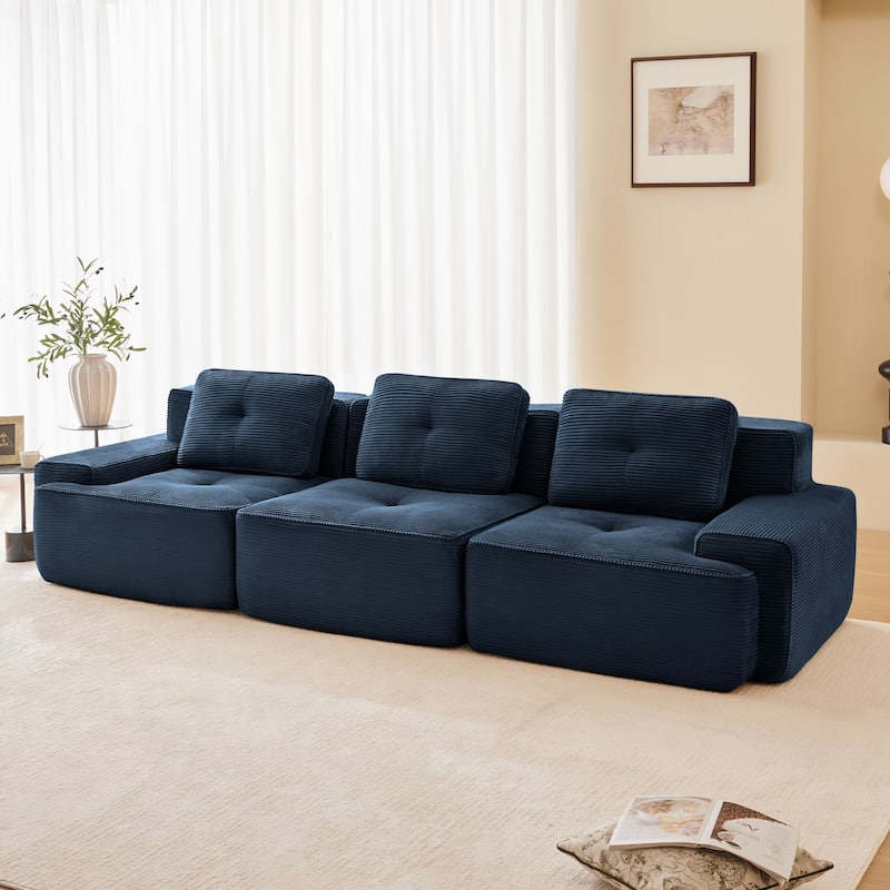 Roomfitters No Assembly Modular Sofa, 117 Inch Corduroy 3-Seater with Piping, Blue - Blue 117"