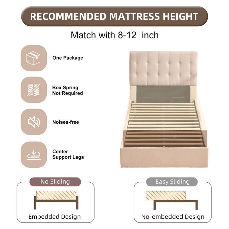 Plywood Frame Upholstered Platform Bed with Lift-up Storage