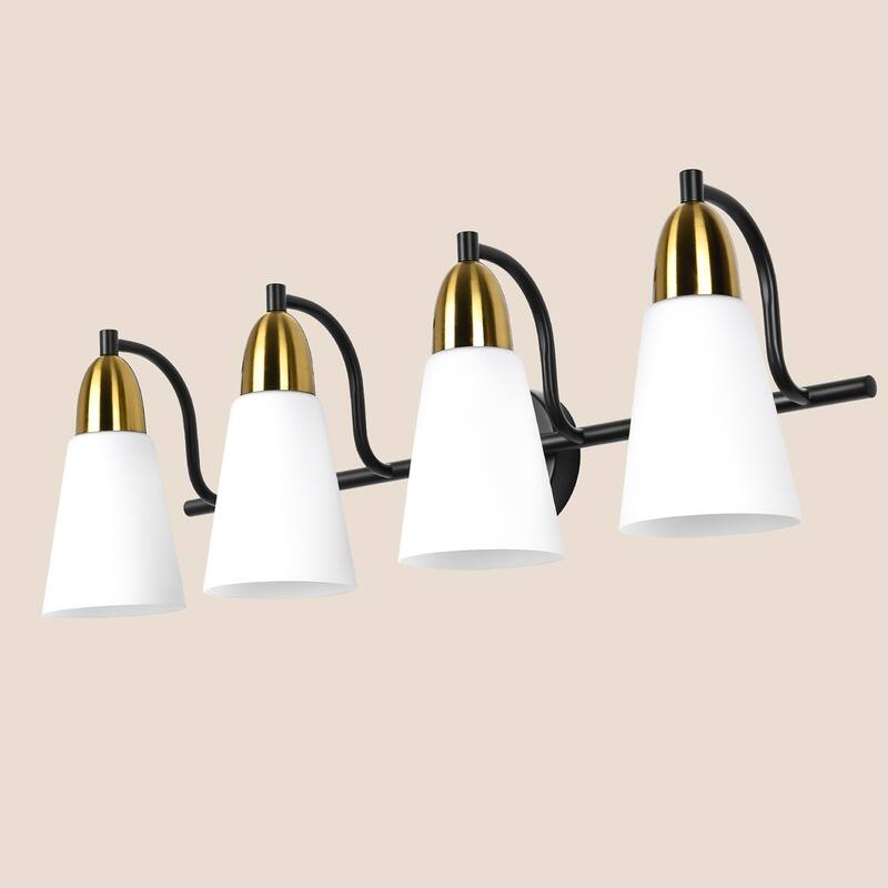 Modern Black Bathroom Vanity Light with Frosted Glass Shades & Gold Accent, Minimalist Wall Sconces