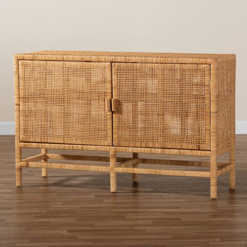 Vivan Modern Bohemian Natural Brown Rattan and Mahogany Wood Storage Cabinet