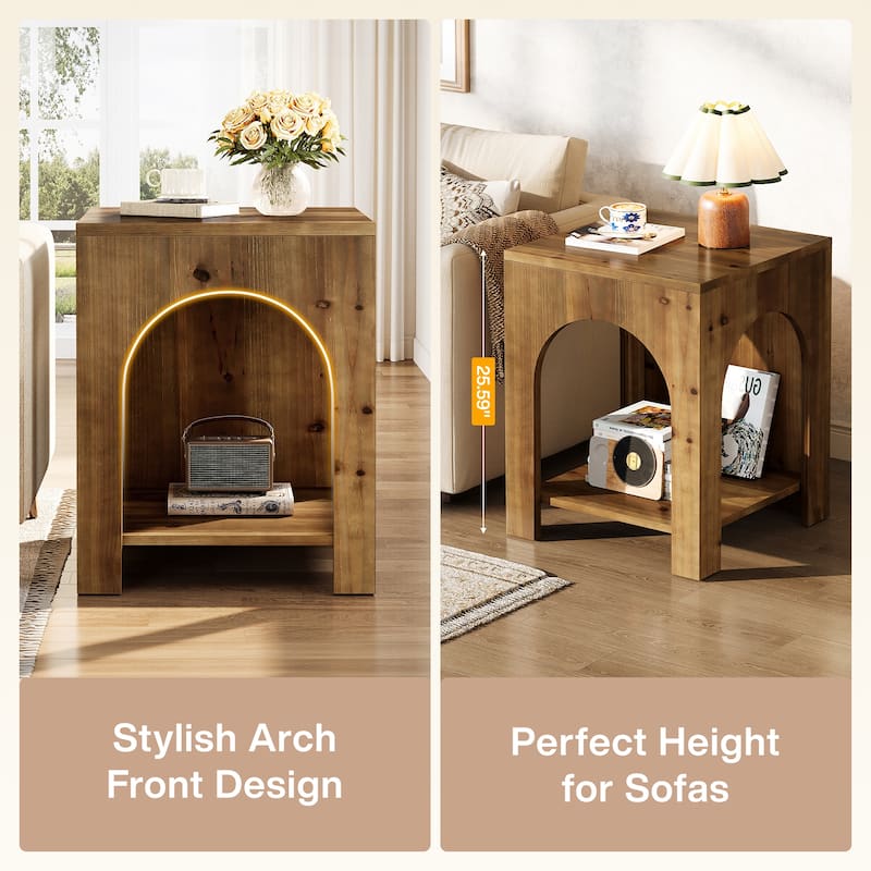 2 Tier End Table for Living Room, Square Couch Side Table for Bedroom, Farmhouse Style