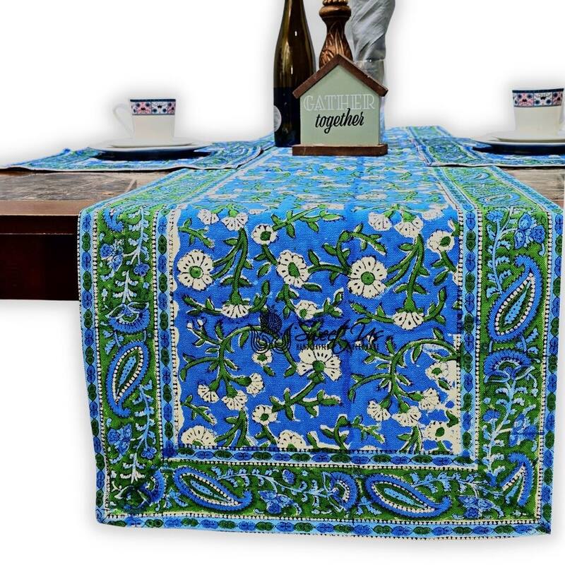Royal Paisley Floral Cotton Block Print Tablecloth Rectangle - Runner - Ocean Blue