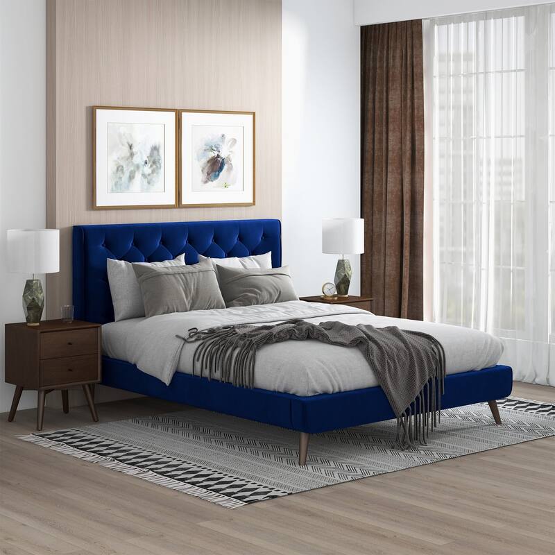 Queen Size Velvet Mid-Century Platform Bed with Tufted Headboard and Solid Wood Frame