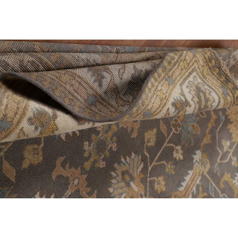 Geometric Gray Oushak Indian Area Rug Hand-Knotted Wool Carpet - 9'3"x 11'8"
