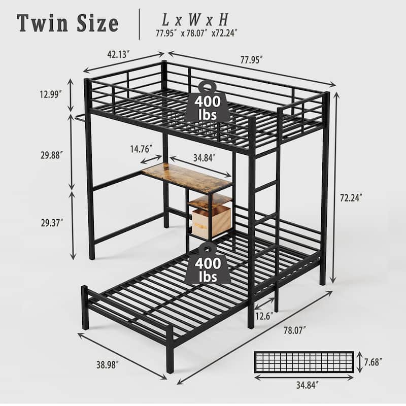 Twin Over Twin Metal Bunk Bed with Desk, L-Shaped Loft Design, Storage Shelves, Drawers, Guardrails and Ladder for Teens