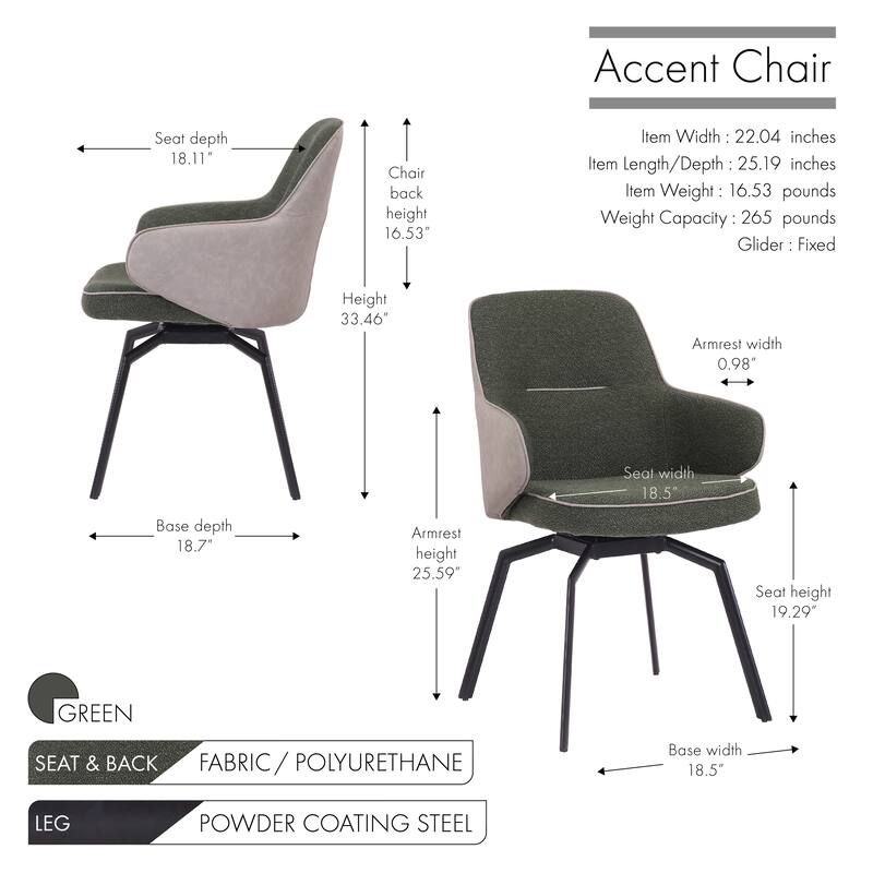 Porthos Home Urki Swivel Fabric and PU Leather Accent Chair with Steel Legs