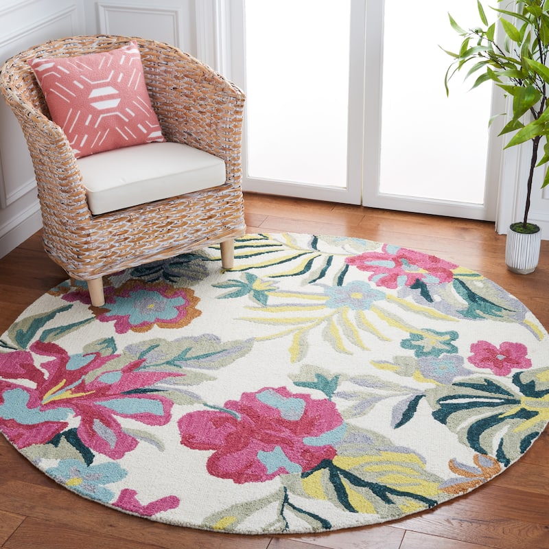 SAFAVIEH Handmade Jardin Cela Floral Wool Rug - 6' Round - Ivory/Pink