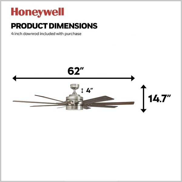 Honeywell Xerxes Brushed Nickel LED Remote Control Ceiling Fan, 8 Blade, Integrated Light - 62-inch