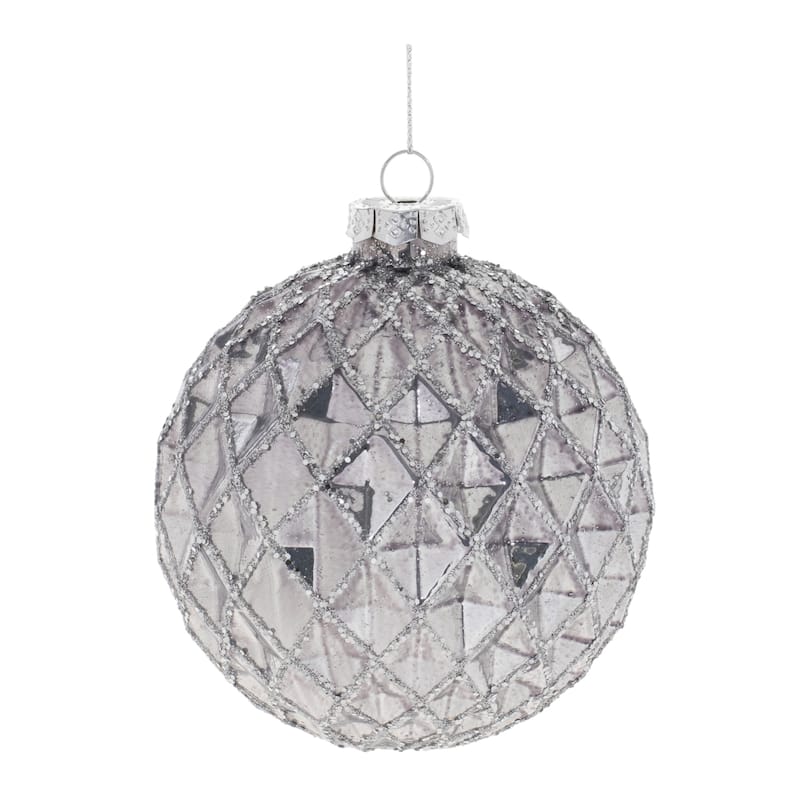 Glittered Finish Glass Christmas Ball Ornaments - 4" (101.6mm) - Silver - 6ct
