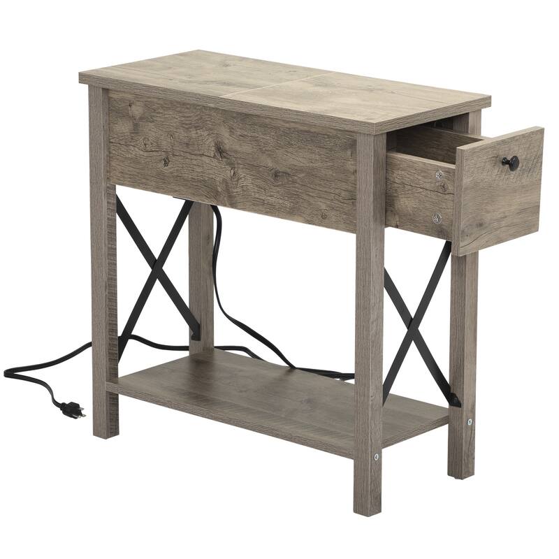 Farmhouse Flip Top Nightstand End Table W/Drawer 2AC Outlets 2USB