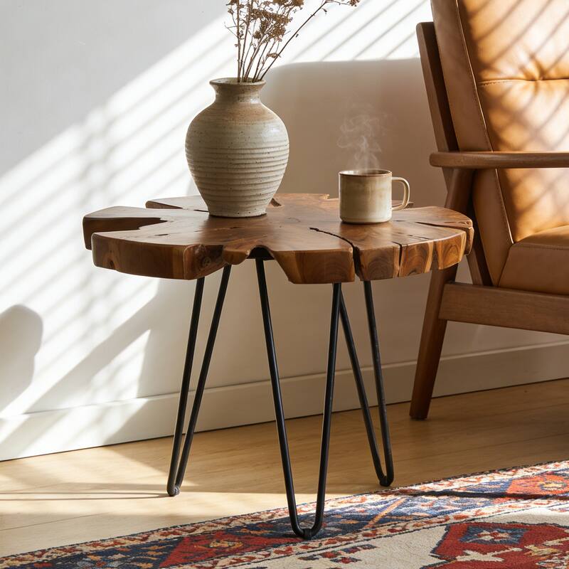 Handcrafted Live Edge Teak Wood Irregular End Table With Iron Legs