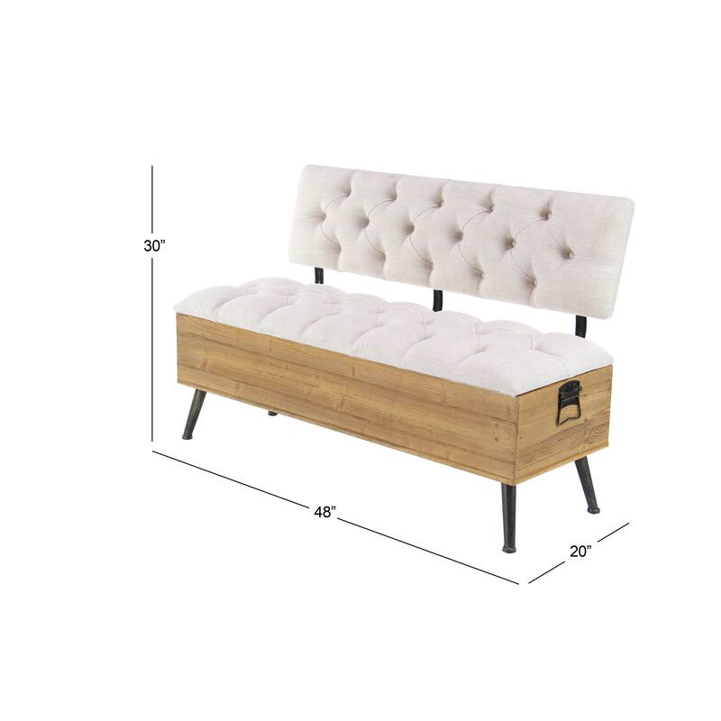 White Fabric Storage Bench with Cream Tufted Seat and Back