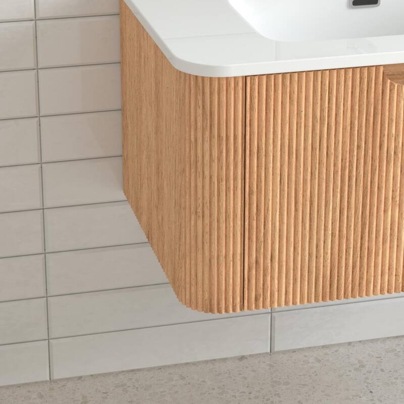 30" Wall-Mounted Floating Solid Wood Bathroom Vanity Pre-Assembled Curved Edge Storage Cabinet With Ceramic Basin